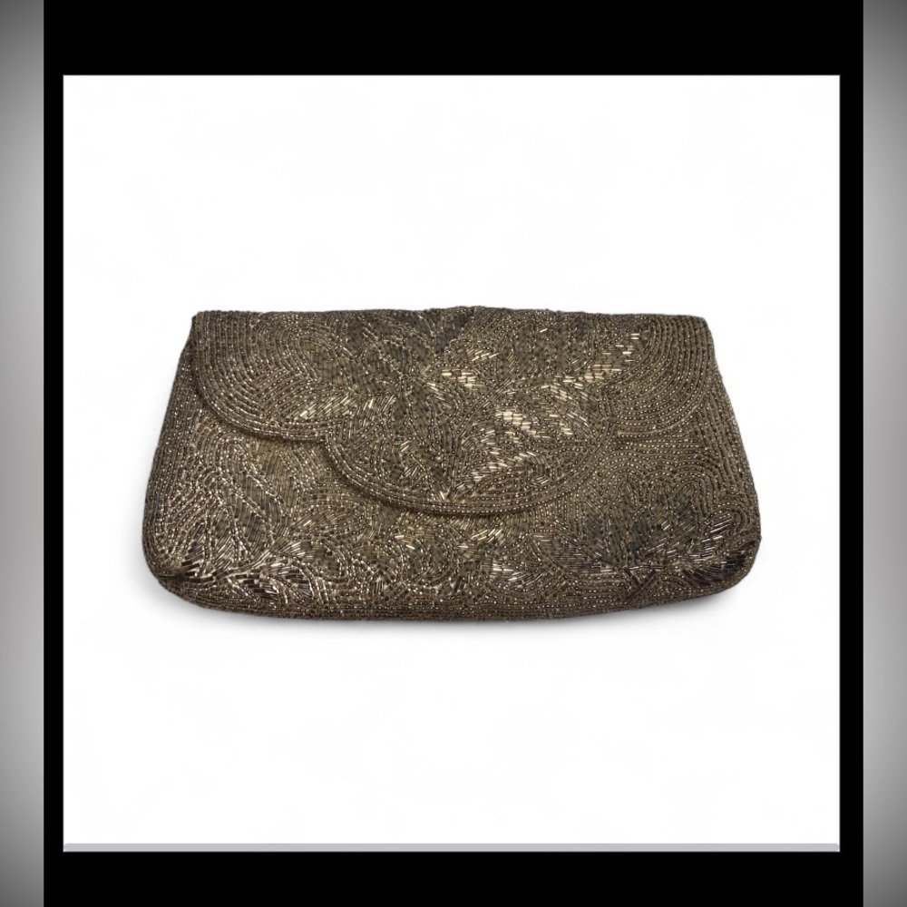 Vintage Silver Beaded Clutch Purse #7960